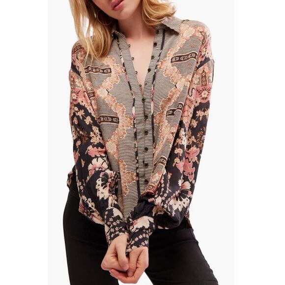 Free People Virgo Bay Button Down Shirt M Mixed Floral Stripe Boho Long Sleeve - Picture 1 of 13